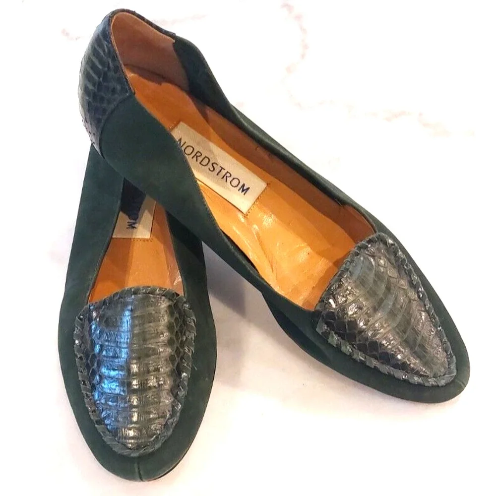 Vintage Nordstrom Flats Shoes Emerald Green Reptile‎ Leather Size 9.5